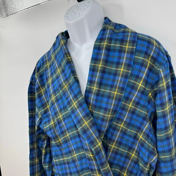 Lands' End Plaid Flannel Robe Mens XXL 2X Blue Green Belted Pockets Lounge Cozy - Picture 3 of 8
